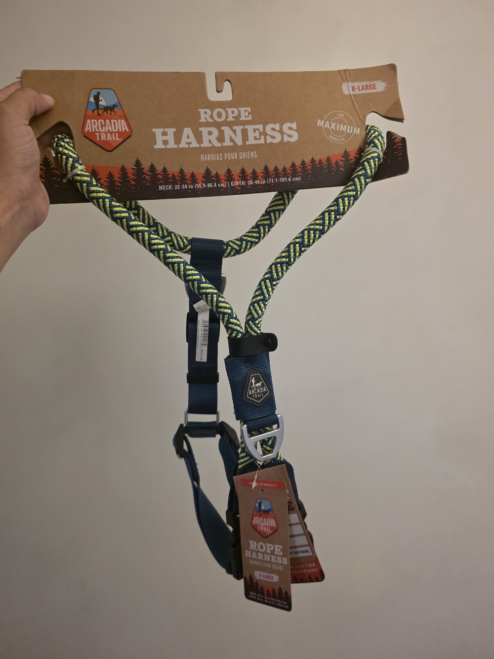 Arcadia Rope Dog Harness in Blue & Neon Yellow